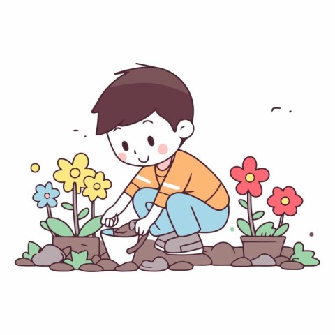 Boy planting flowers in the garden of cute cartoon character.