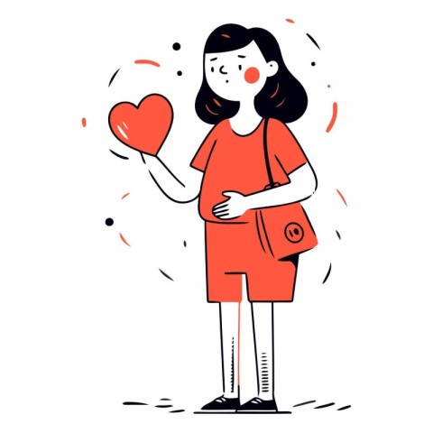 Pregnant woman holding red heart in doodle style.