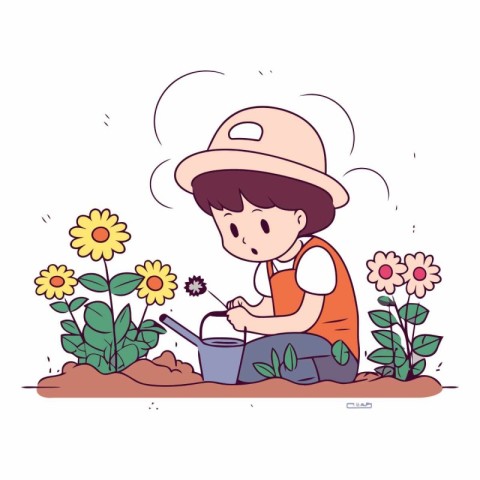 Cute little boy planting flowers in the garden.