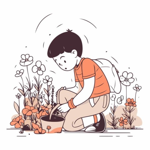 Cute little boy planting flowers in the garden.