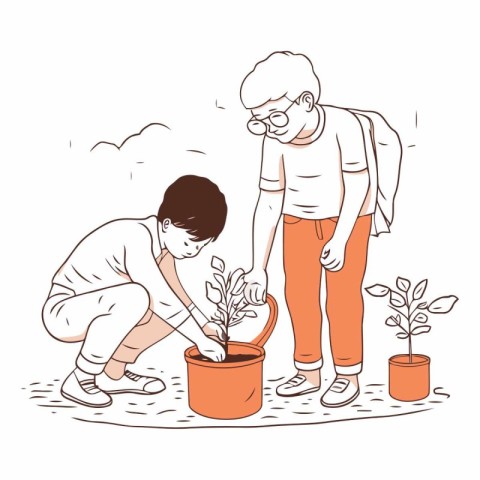 Father and son planting tree in a pot in sketch style.