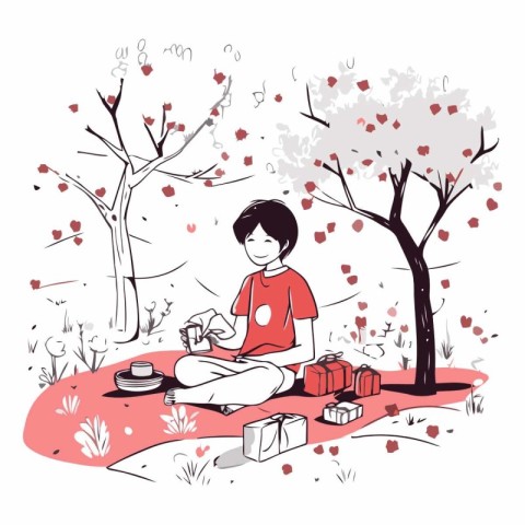 Valentine's day greeting card with a boy sitting on the grass an