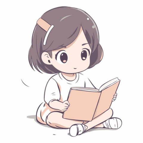 Illustration of a Cute Little Girl Sitting and Reading a Book