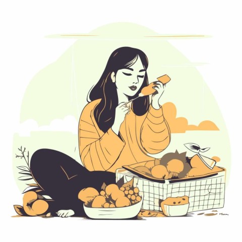 Girl talking on the phone with a basket of fruits and vegetables