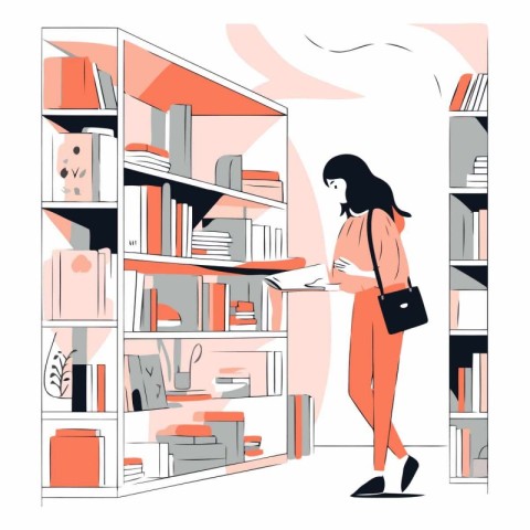 Vector illustration of young woman standing near bookshelf with