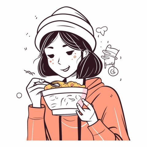 Illustration of a woman in winter clothes eating a bowl of food