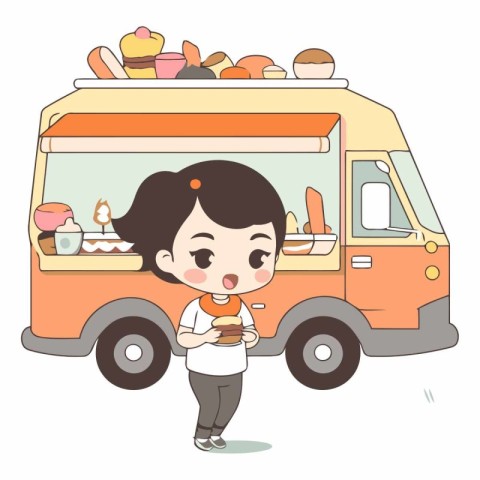 Illustration of a Girl Buying Pastries from a Food Truck