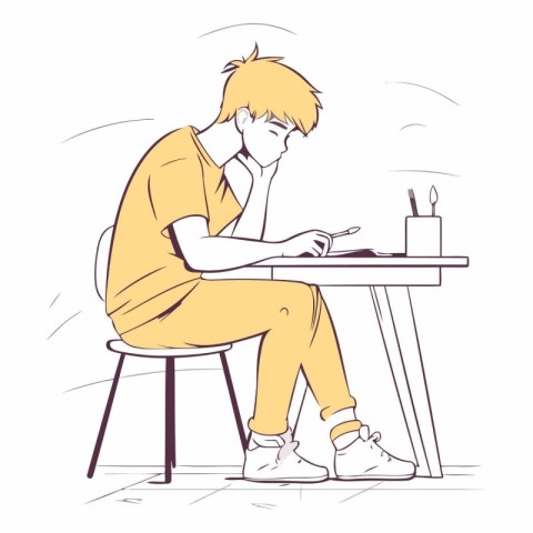 Illustration of a Teenage Boy Sitting at a Table and Writing