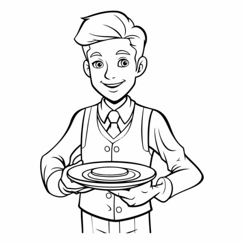 Vector illustration of a waiter holding a tray with a plate of f