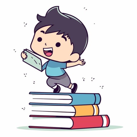 Boy jumping on pile of books in cartoon style.