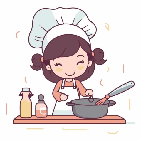 Cute little chef girl cooking in the kitchen.