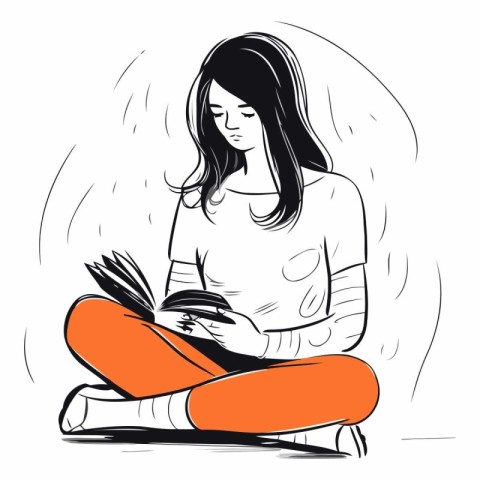 Beautiful girl reading a book in sketch style.