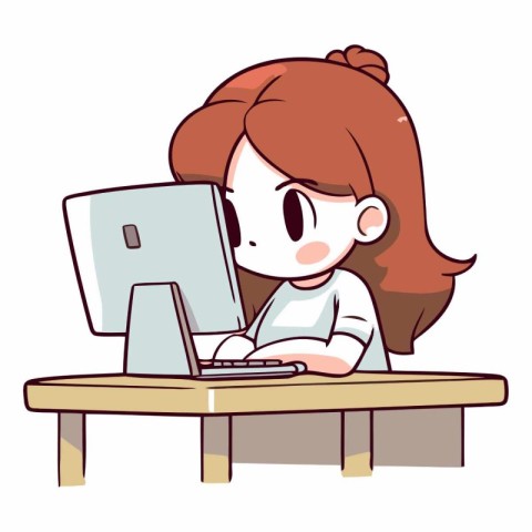 Illustration of a Cute Girl Working on a Desktop Computer.