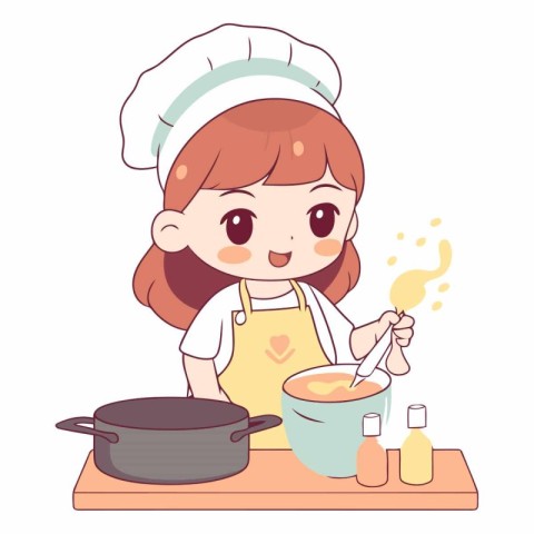 Cute little chef girl cooking in the kitchen.