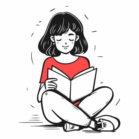 Girl reading a book in doodle style.