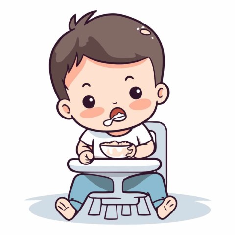 Cute baby boy sitting on chair and eating cartoon vector illustr