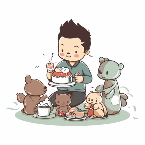 Illustration of a boy eating a cake with his teddy bears