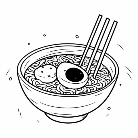 Illustration of noodle soup in bowl with chopsticks.