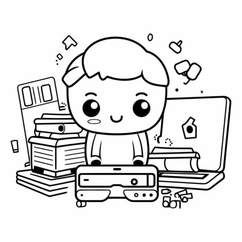 cute little boy with books and laptop computer vector illustrati