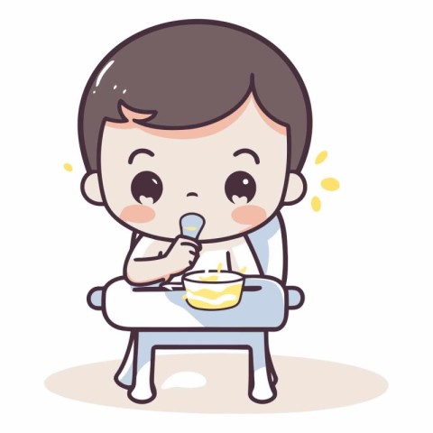 Baby boy eating cake with spoon of baby boy eating cake.