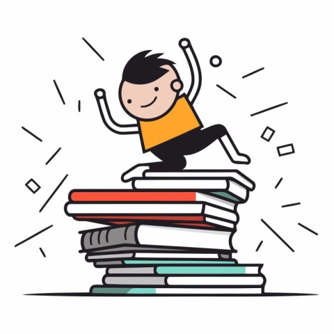 Little boy jumping on pile of books. Flat style vector illustrat