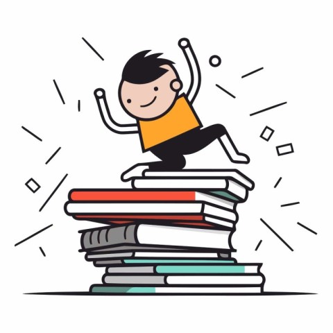 Little boy jumping on pile of books. Flat style vector illustrat