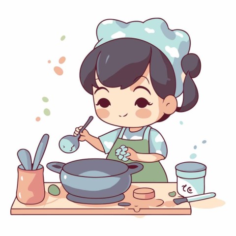 Cute little girl cooking in the kitchen of a cartoon style.