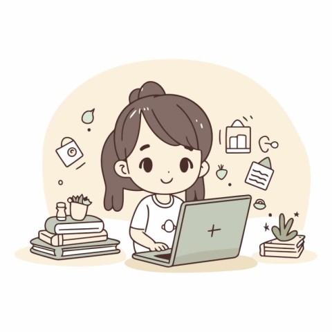 Illustration of a young girl using a laptop while studying at ho