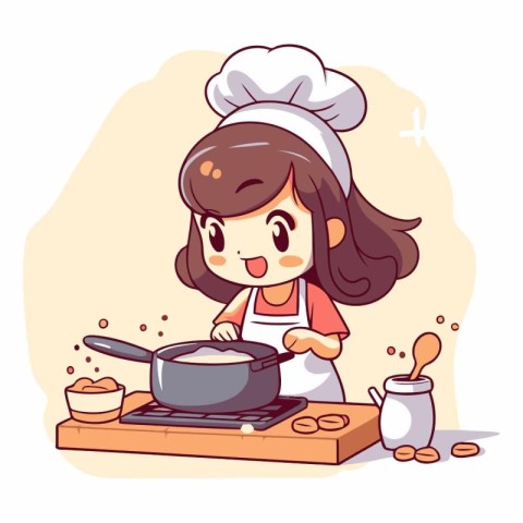 Illustration of a Little Girl Cooking in the Kitchen. Cartoon St