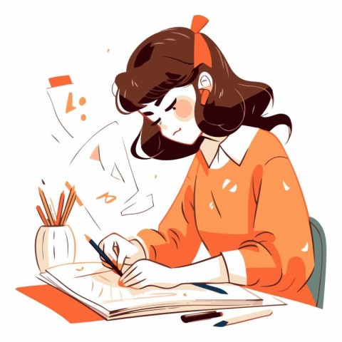 Young woman doing her homework at home in cartoon style.