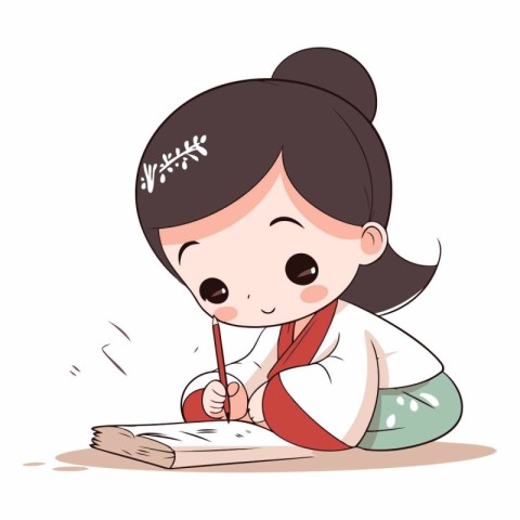 Cute little girl writing in a notebook on white background.