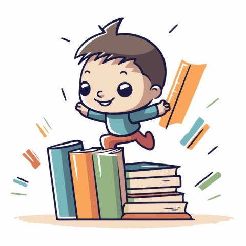 Cute little boy jumping from a pile of books.