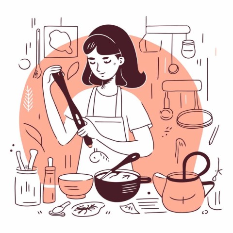 Woman cooking in the kitchen in doodle style.