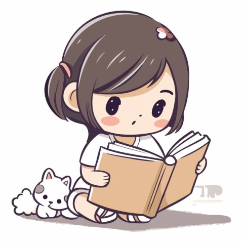 Cute little girl reading a book and white cat on the floor