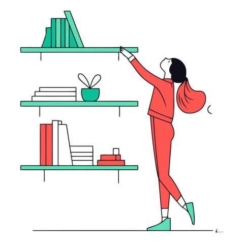 Vector illustration of a woman standing at the shelf in the libr