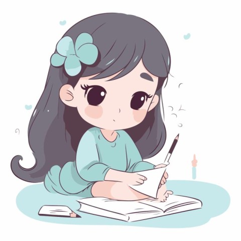 Cute little girl writing in notebook and doing homework.