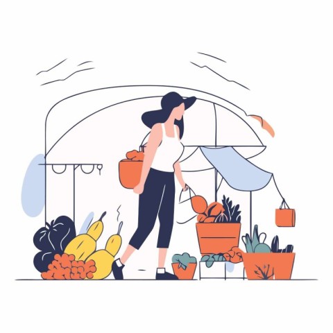 Woman buying fruits and vegetables at market. Flat style vector