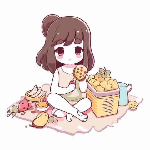 Cute girl eating cookies and having a picnic.