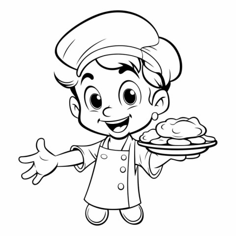 Black and White Cartoon Illustration of a Little Chef Holding a