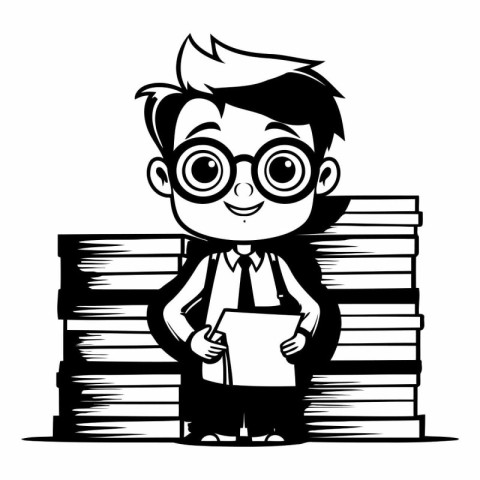 Schoolboy with books and glasses. Black and white vector illustr