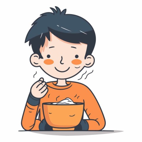 Boy eating soup vector illustration. Cute cartoon boy in orange