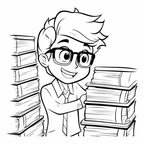 Black and White Cartoon Illustration of Teenage Boy Student Char