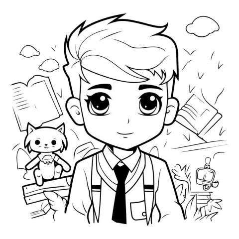 Black and White Cartoon Illustration of Cute Schoolboy or Elemen