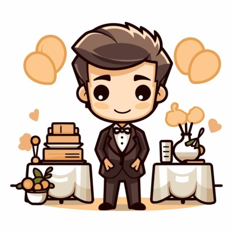 Catering Service - Cute Cartoon Waiter Vector Illustration