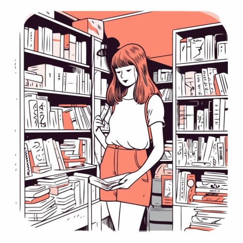 Vector illustration of a girl standing in the library and readin