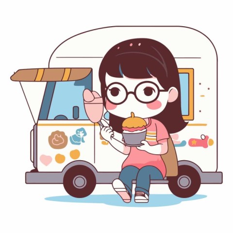 Cute little girl eating ice cream truck in cartoon style.