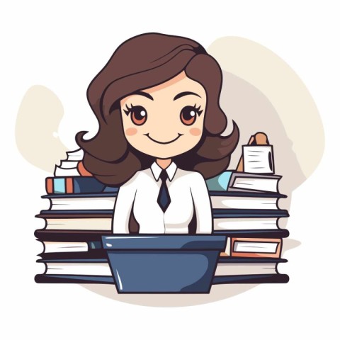 Cartoon business woman sitting at the desk with a lot of books