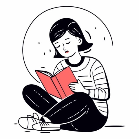 Girl reading a book in doodle style.