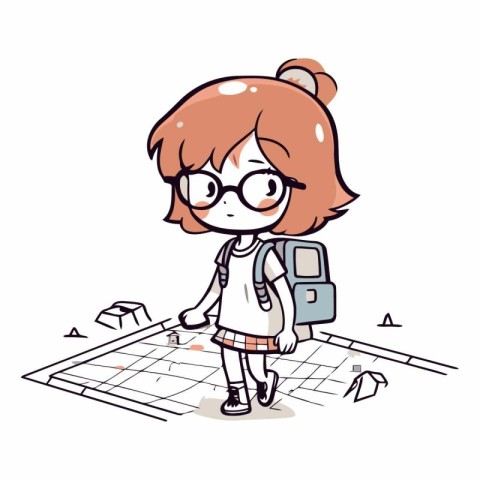 Cute little schoolgirl with backpack and map.