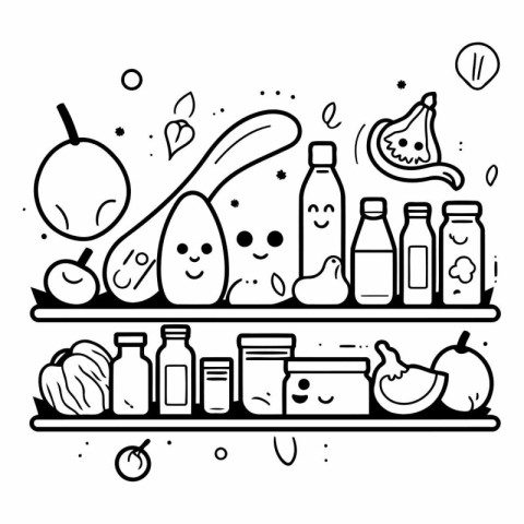 Fruits and vegetables on a shelf in the supermarket. Hand drawn